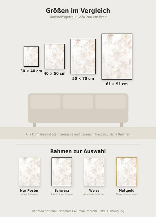 Abstract Art Poster im Größenvergleich von 30x40 bis 61x91 cm über einem Sofa, dazu die Rahmenfarben