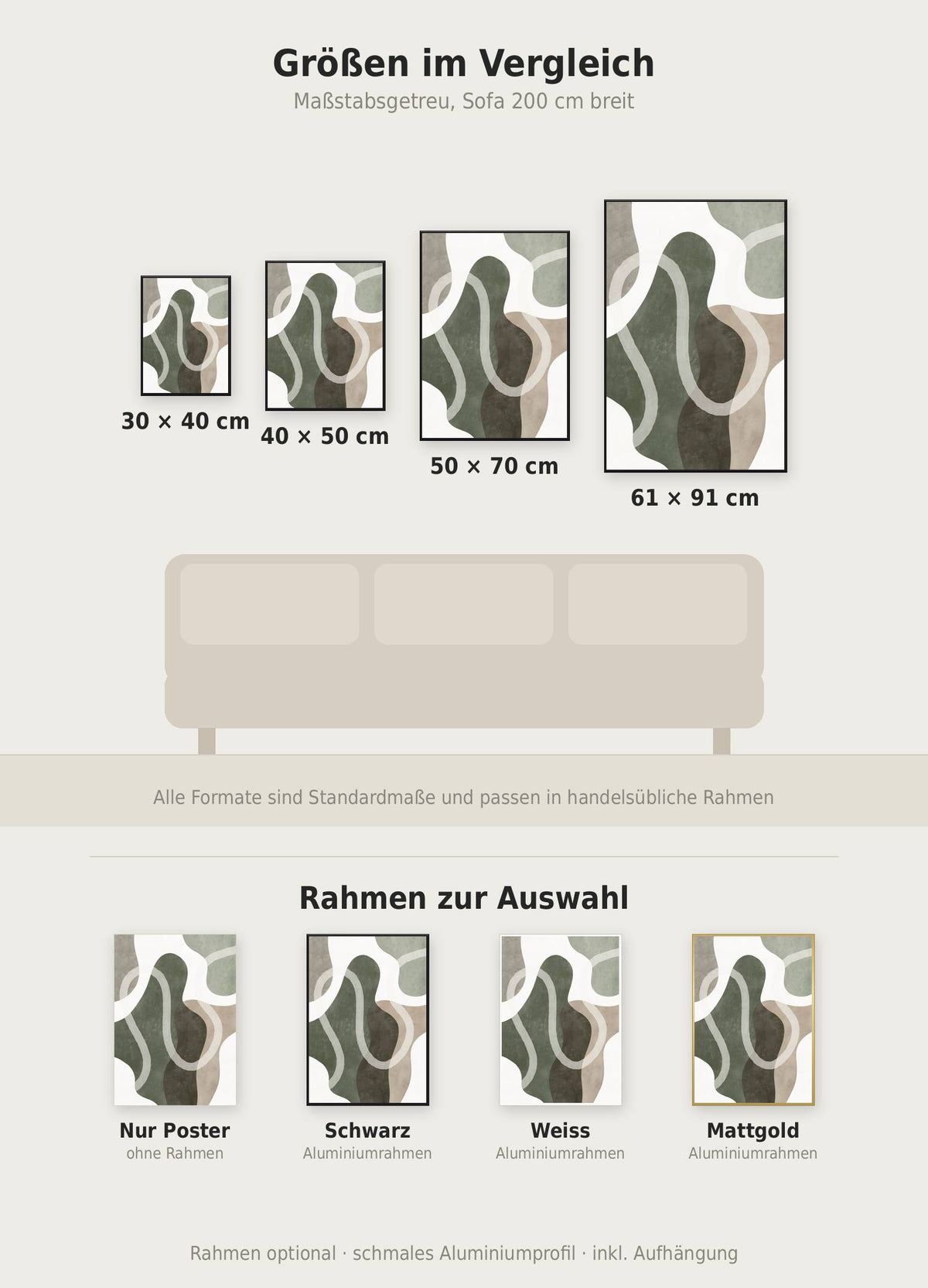 Abstract Green No1 Poster im Größenvergleich von 30x40 bis 61x91 cm über einem Sofa, dazu die Rahmenfarben