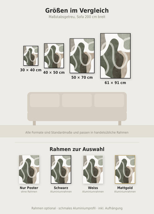 Abstract Green No1 Poster im Größenvergleich von 30x40 bis 61x91 cm über einem Sofa, dazu die Rahmenfarben