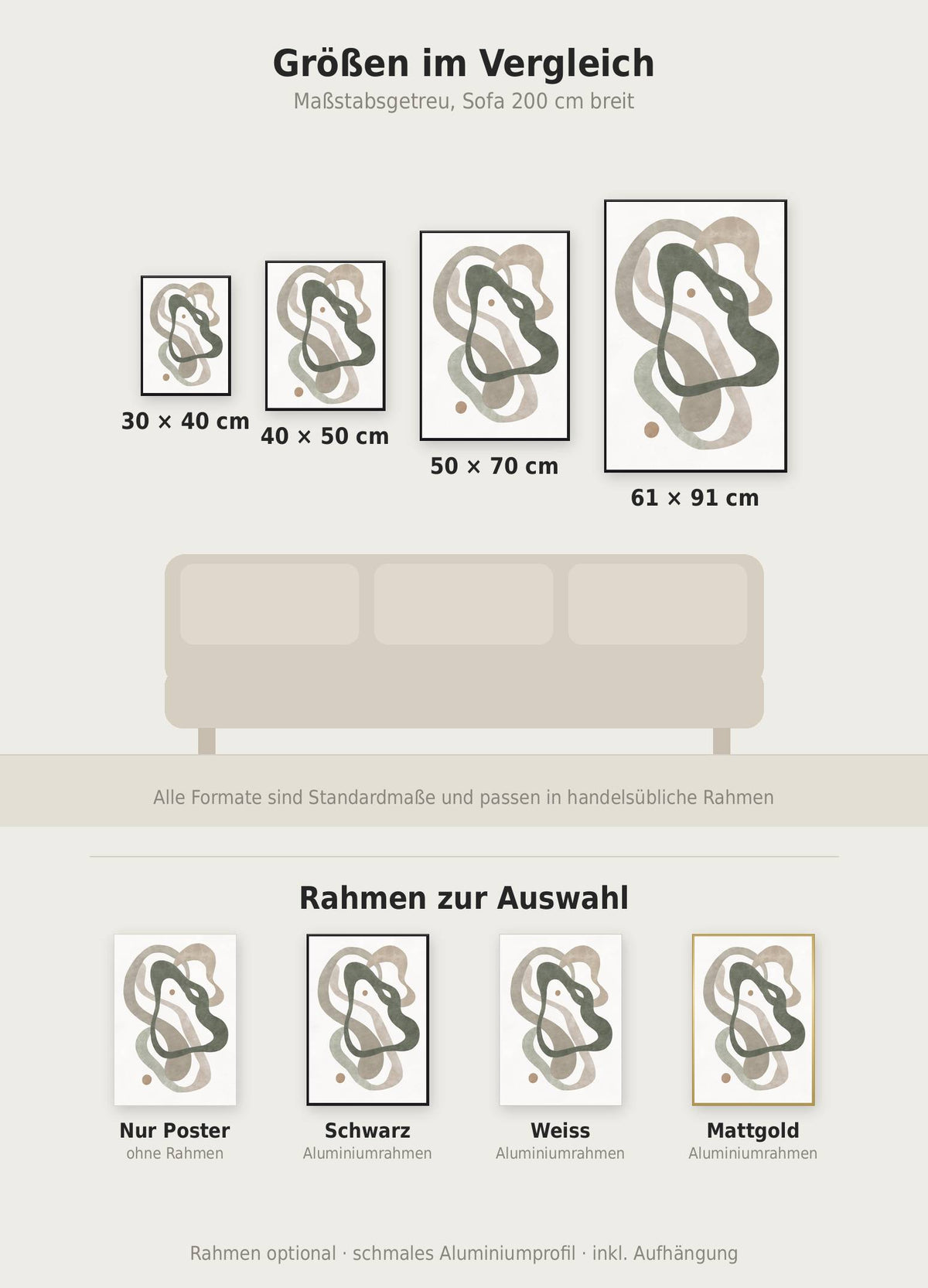 Abstract Green No2 Poster im Größenvergleich von 30x40 bis 61x91 cm über einem Sofa, dazu die Rahmenfarben