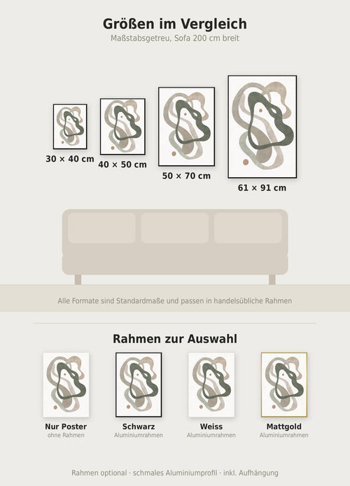 Abstract Green No2 Poster im Größenvergleich von 30x40 bis 61x91 cm über einem Sofa, dazu die Rahmenfarben