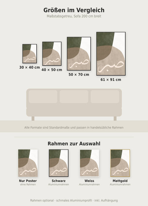 Abstract Green No3 Poster im Größenvergleich von 30x40 bis 61x91 cm über einem Sofa, dazu die Rahmenfarben