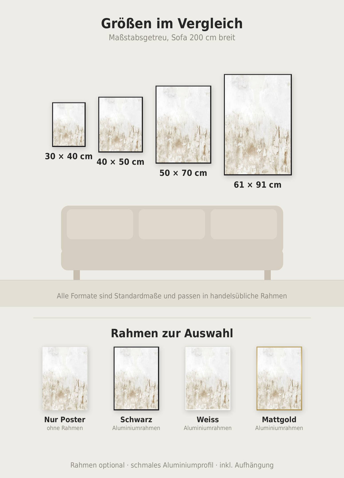 Abstract Wall No2 Poster im Größenvergleich von 30x40 bis 61x91 cm über einem Sofa, dazu die Rahmenfarben