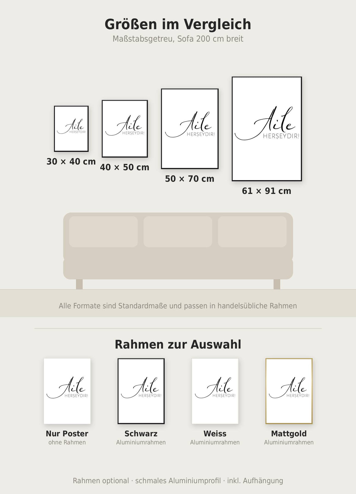Aile Poster im Größenvergleich von 30x40 bis 61x91 cm über einem Sofa, dazu die Rahmenfarben