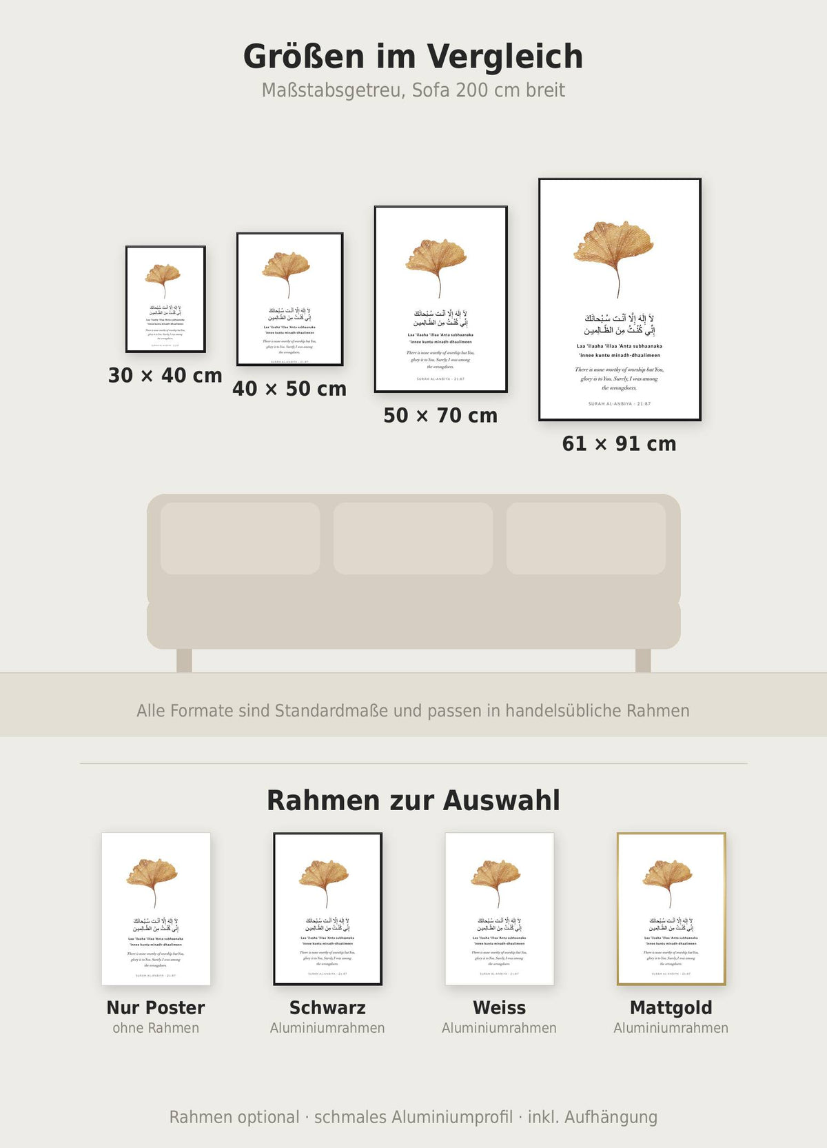 Al Anbiya Poster im Größenvergleich von 30x40 bis 61x91 cm über einem Sofa, dazu die Rahmenfarben