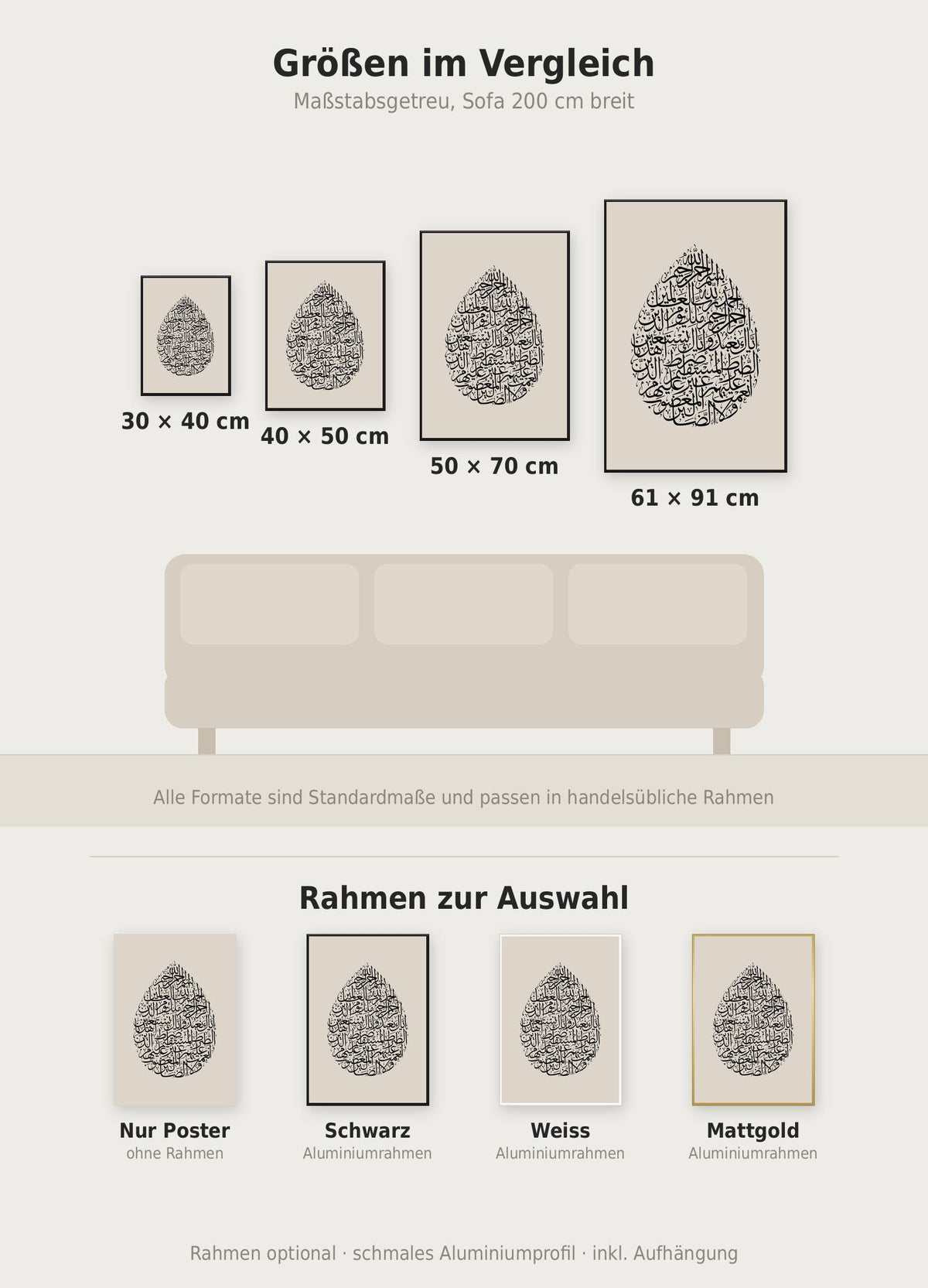 Al Fatiha Poster im Größenvergleich von 30x40 bis 61x91 cm über einem Sofa, dazu die Rahmenfarben