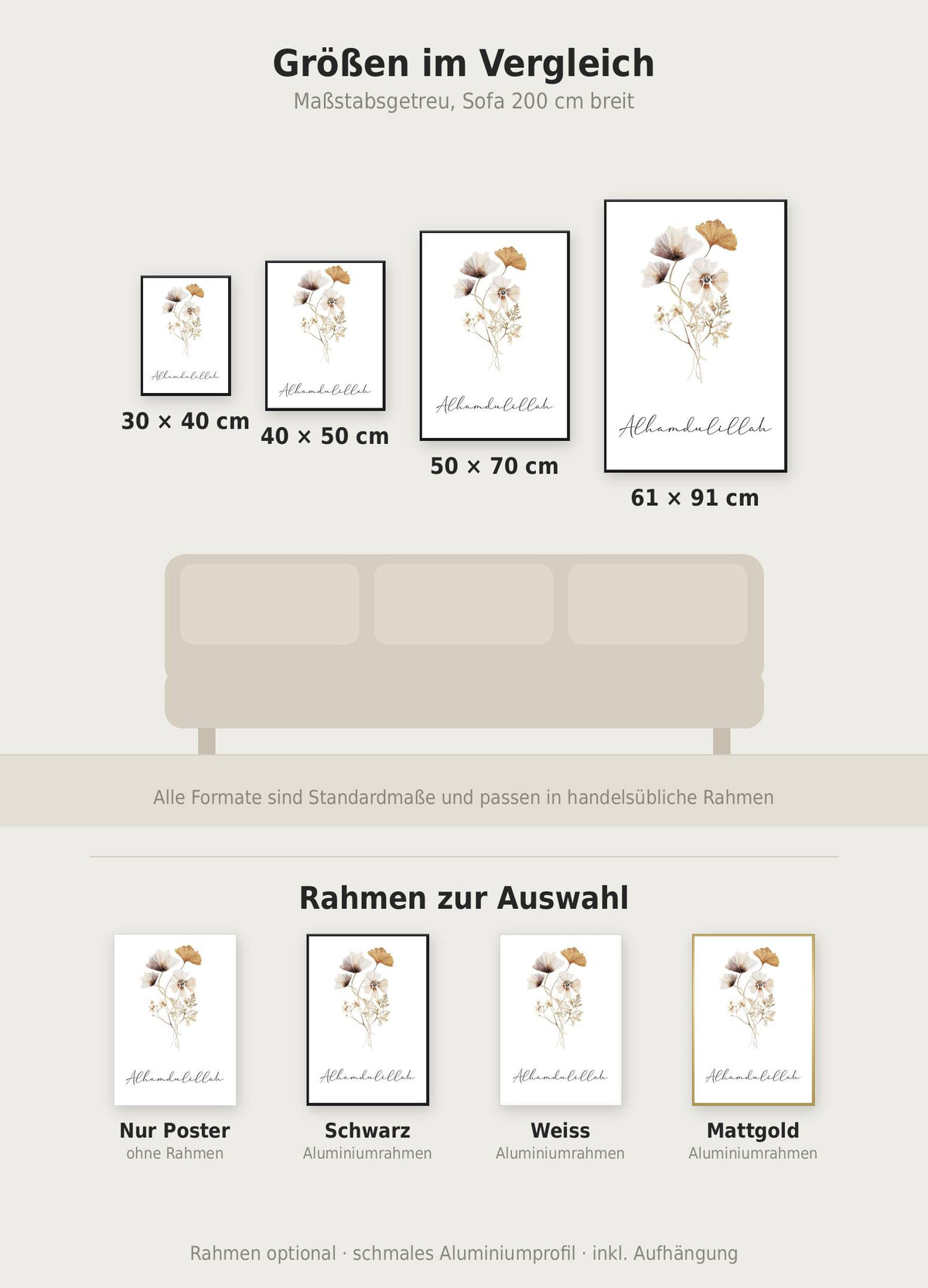 Alhamdulillah Flower Poster im Größenvergleich von 30x40 bis 61x91 cm über einem Sofa, dazu die Rahmenfarben