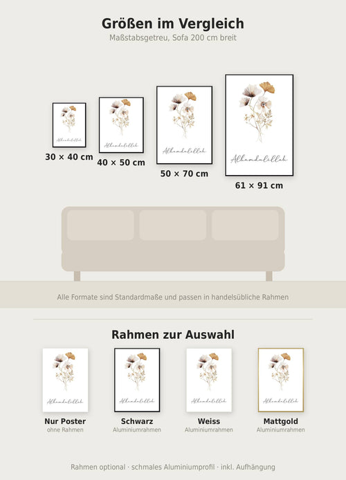Alhamdulillah Flower Poster im Größenvergleich von 30x40 bis 61x91 cm über einem Sofa, dazu die Rahmenfarben