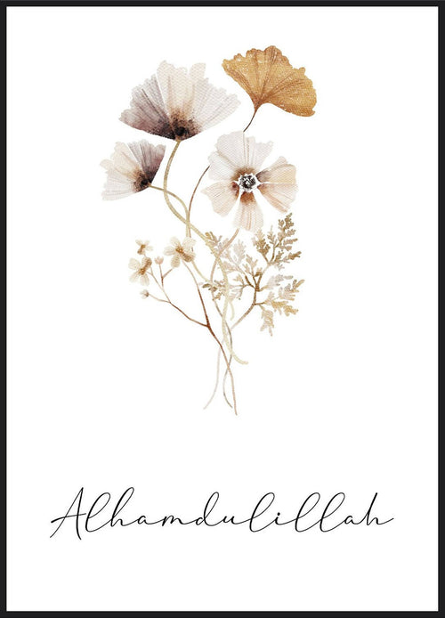 Alhamdulillah Flower Poster – Aquarellblumen in Beige und Gold mit Schriftzug Alhamdulillah