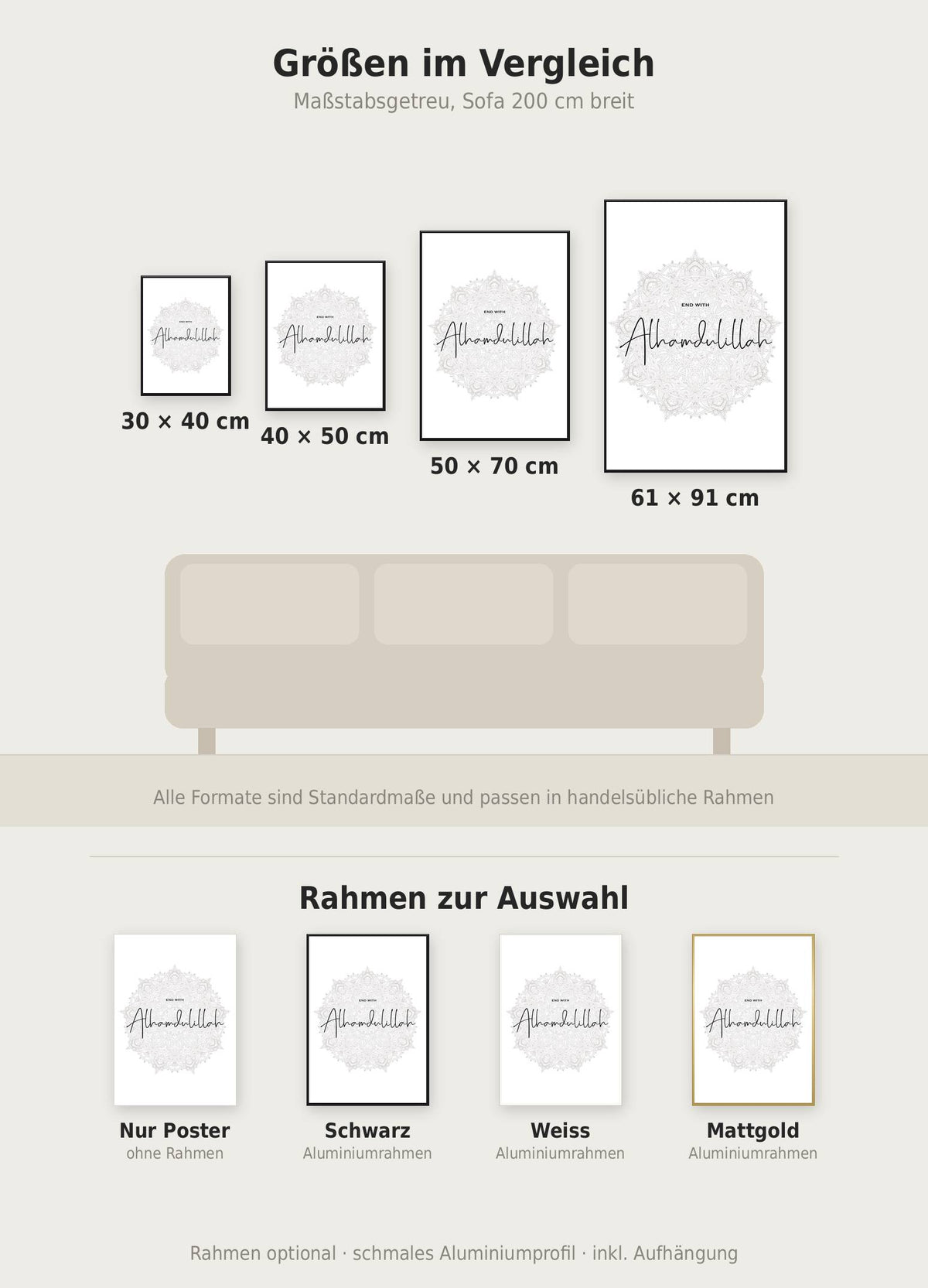 Alhamdulillah Poster im Größenvergleich von 30x40 bis 61x91 cm über einem Sofa, dazu die Rahmenfarben