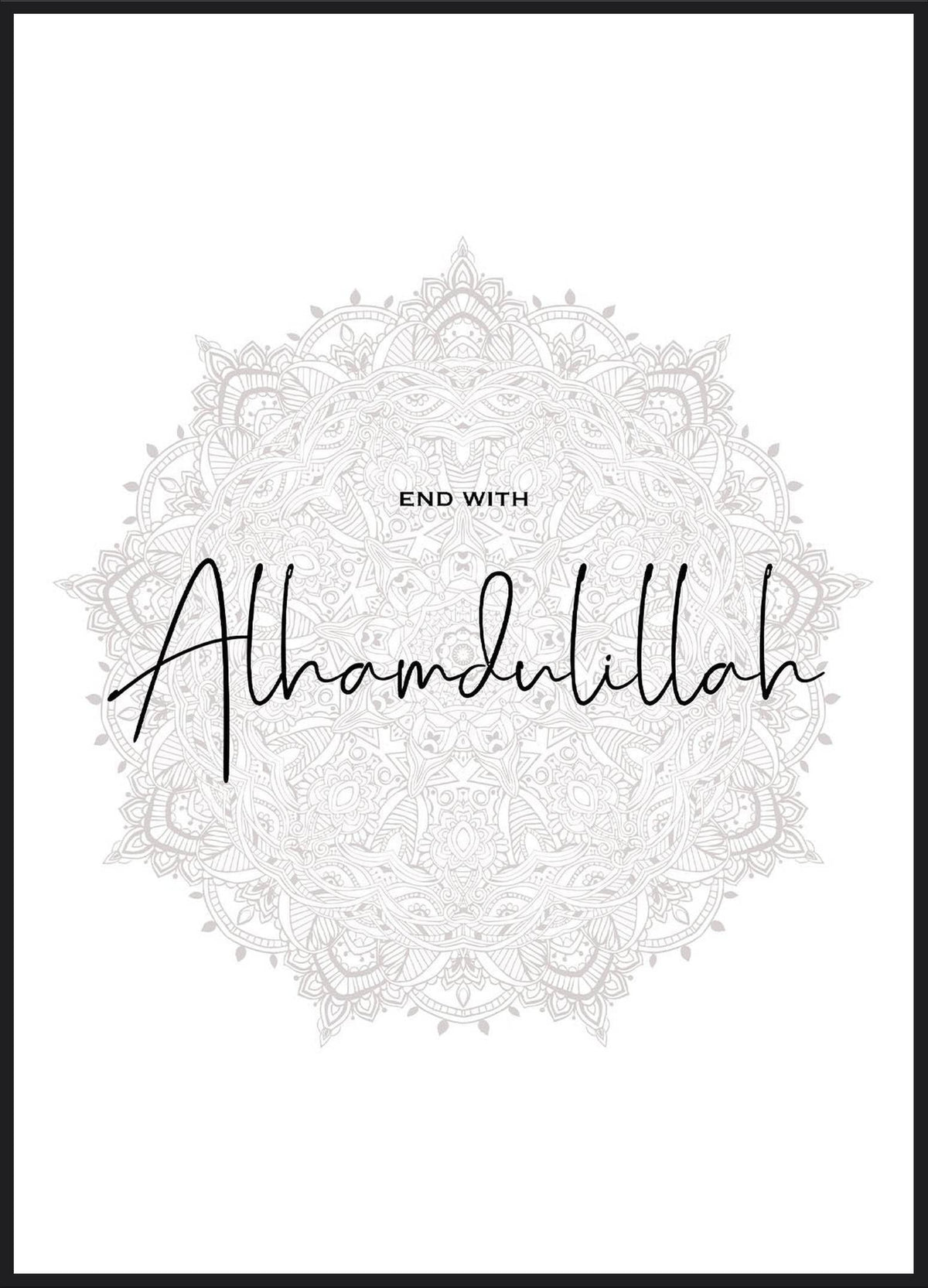 Alhamdulillah Poster – Schriftzug in feinem Mandala aus Ornamenten auf hellem Grund