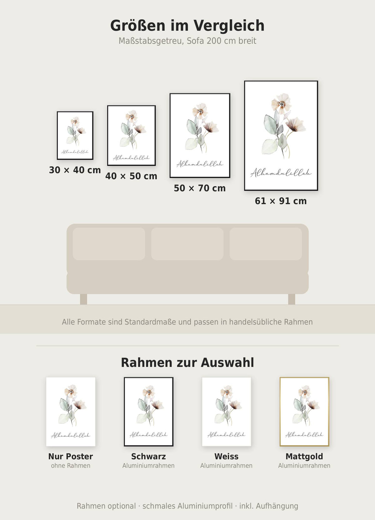Alhamdulillah Soft Poster im Größenvergleich von 30x40 bis 61x91 cm über einem Sofa, dazu die Rahmenfarben