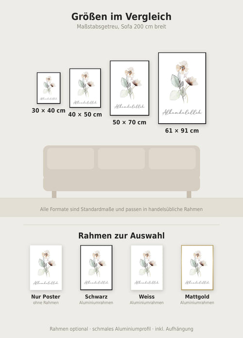 Alhamdulillah Soft Poster im Größenvergleich von 30x40 bis 61x91 cm über einem Sofa, dazu die Rahmenfarben