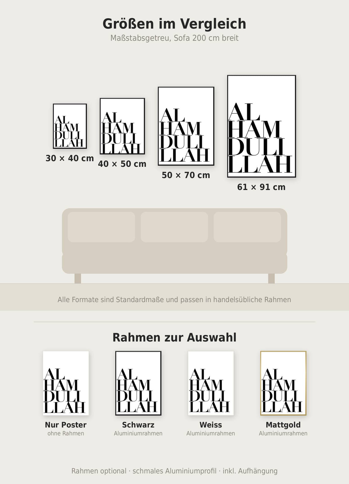 Alhamdulillah Typo Poster im Größenvergleich von 30x40 bis 61x91 cm über einem Sofa, dazu die Rahmenfarben