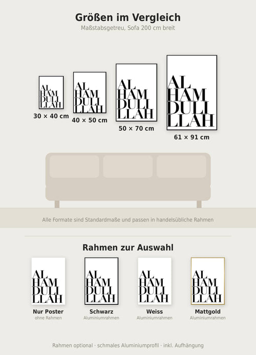 Alhamdulillah Typo Poster im Größenvergleich von 30x40 bis 61x91 cm über einem Sofa, dazu die Rahmenfarben