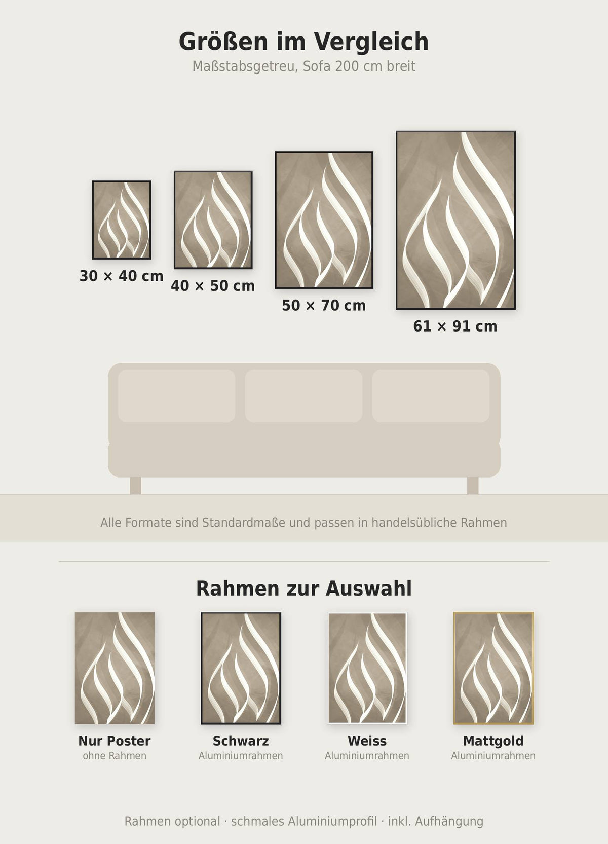 Allah Poster im Größenvergleich von 30x40 bis 61x91 cm über einem Sofa, dazu die Rahmenfarben