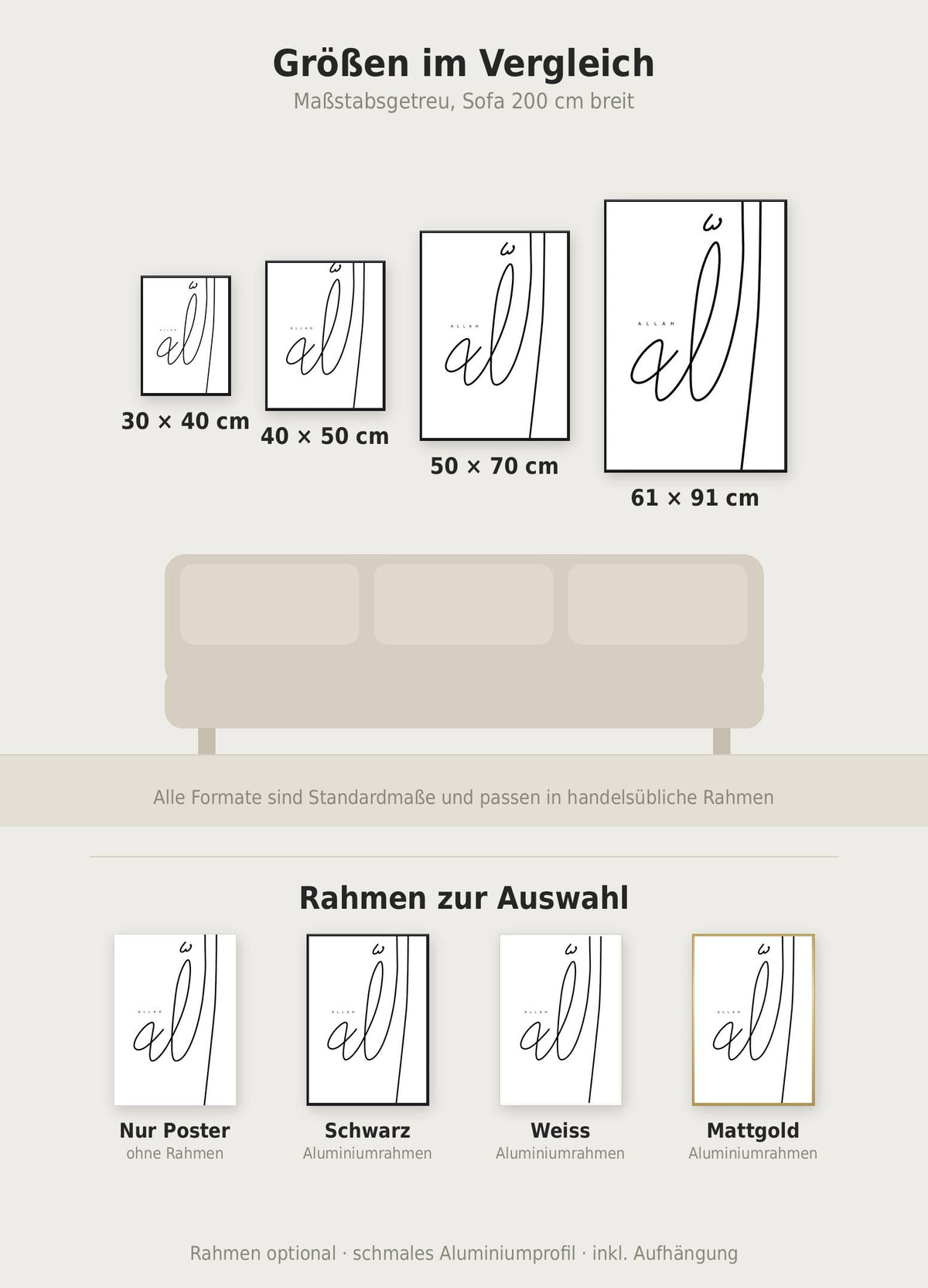Allah Kalligrafie Poster im Größenvergleich von 30x40 bis 61x91 cm über einem Sofa, dazu die Rahmenfarben