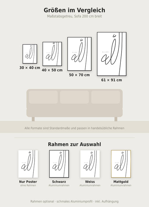 Allah Kalligrafie Poster im Größenvergleich von 30x40 bis 61x91 cm über einem Sofa, dazu die Rahmenfarben