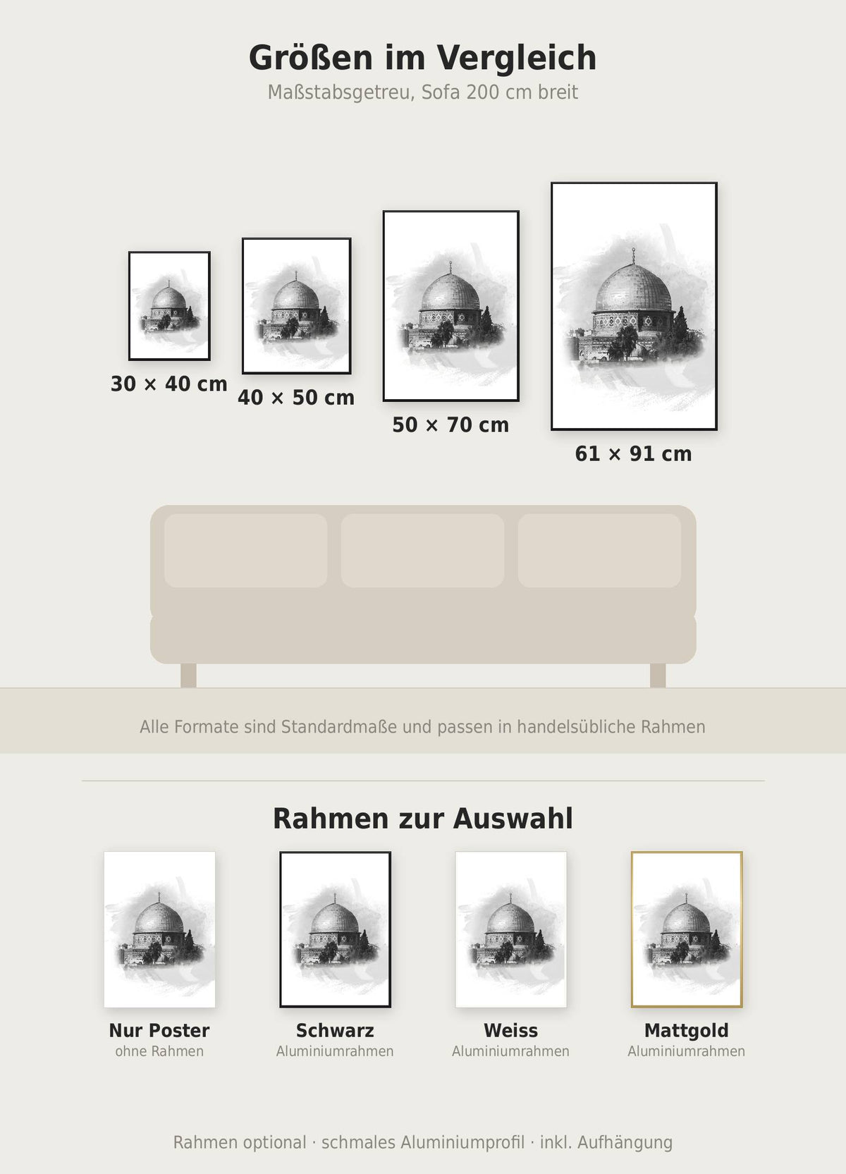 Al-Aqsa Poster im Größenvergleich von 30x40 bis 61x91 cm über einem Sofa, dazu die Rahmenfarben