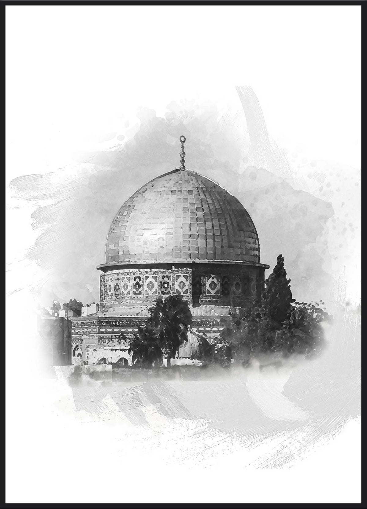 Al-Aqsa Poster – Felsendom in Jerusalem in Schwarz-Weiß auf weißem Pinselstrich