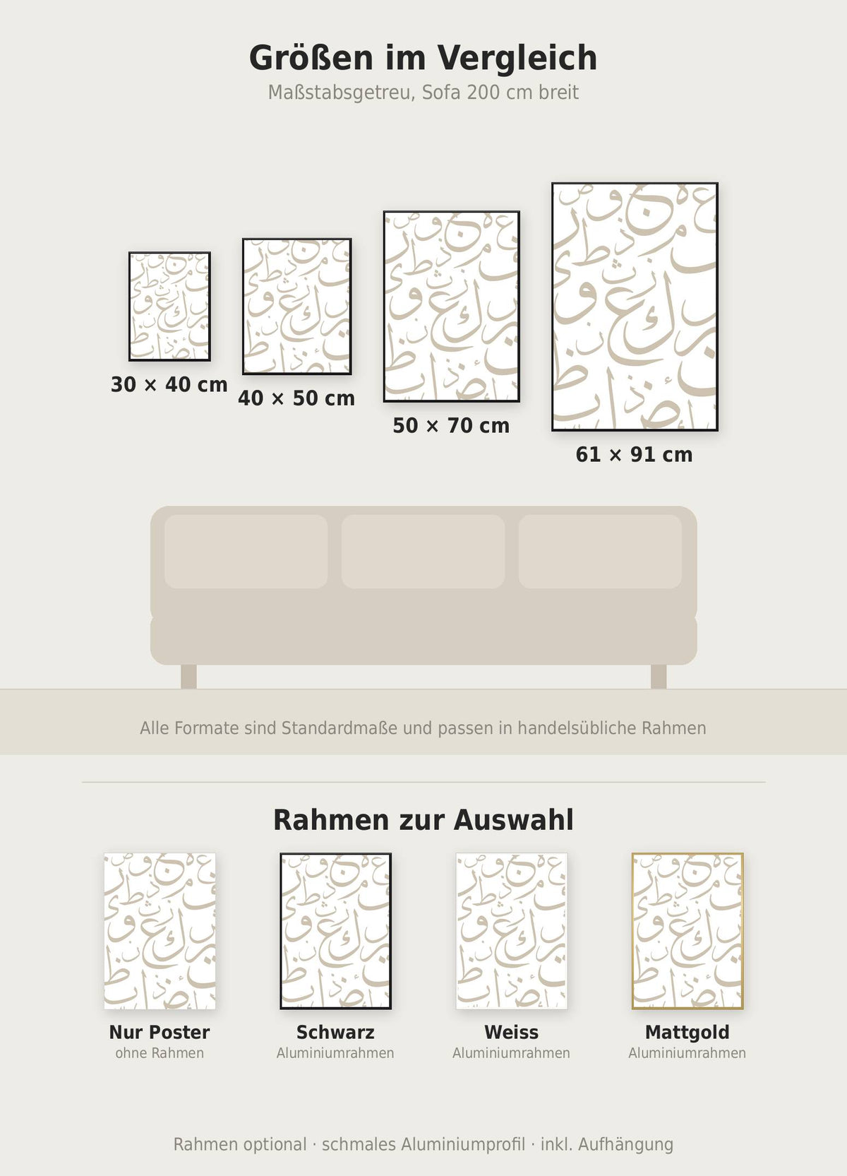 Arabisches Alphabet Poster im Größenvergleich von 30x40 bis 61x91 cm über einem Sofa, dazu die Rahmenfarben