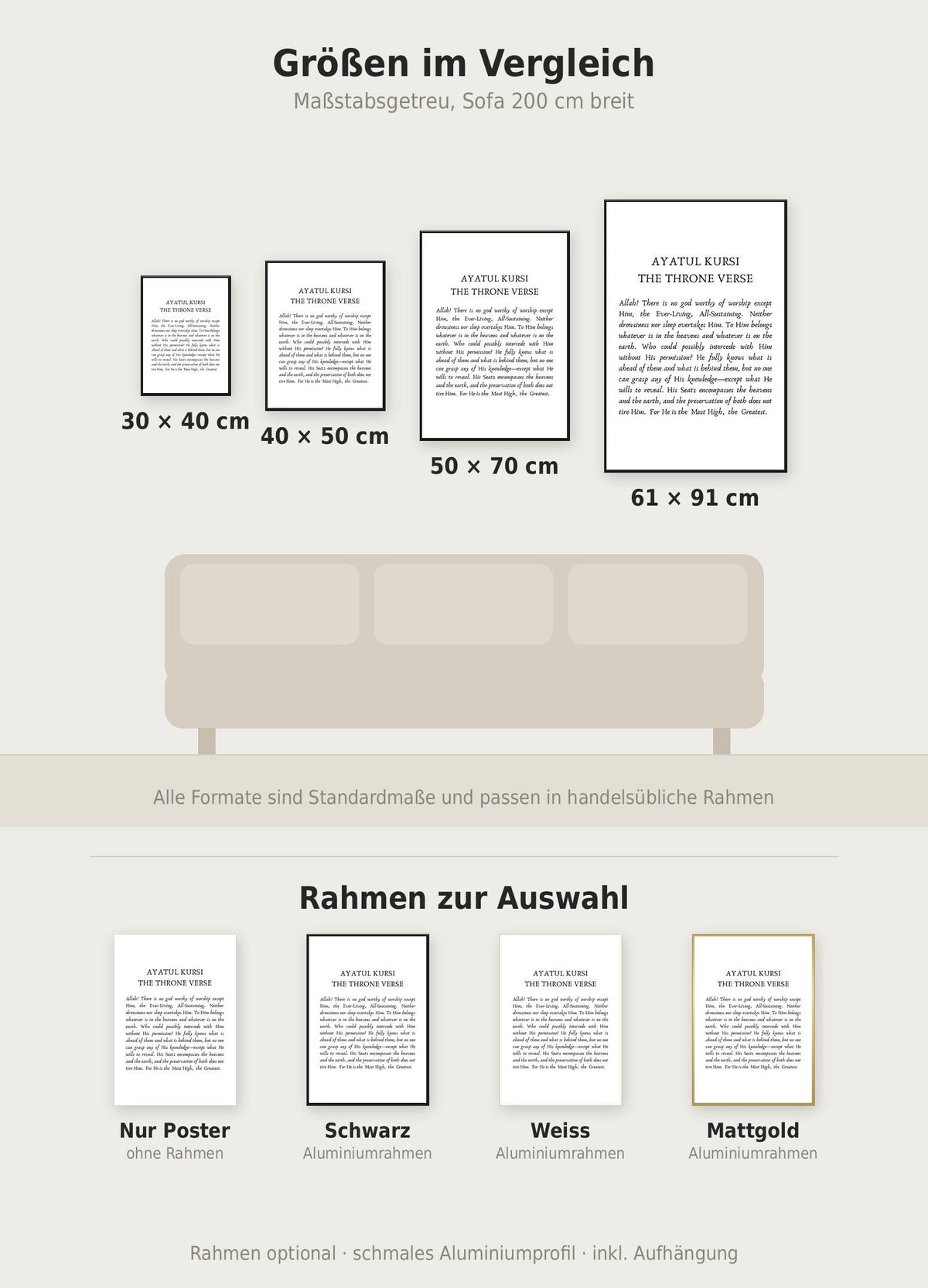 Ayatul Kursi Poster im Größenvergleich von 30x40 bis 61x91 cm über einem Sofa, dazu die Rahmenfarben