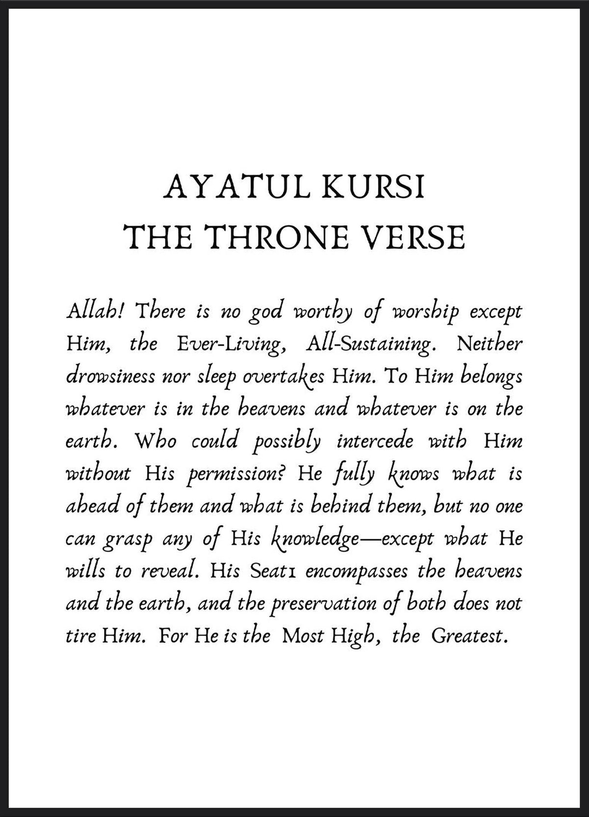 Ayatul Kursi Poster – der Thronvers als englische Übersetzung in klassischer Serifenschrift auf Weiß