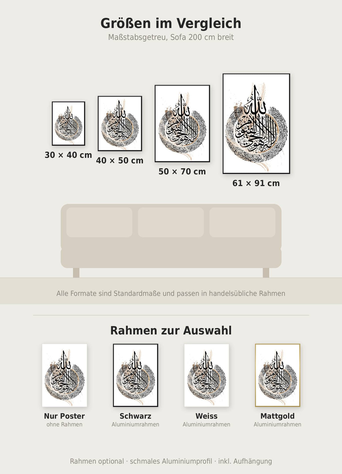 Ayetel Kürsi Poster im Größenvergleich von 30x40 bis 61x91 cm über einem Sofa, dazu die Rahmenfarben