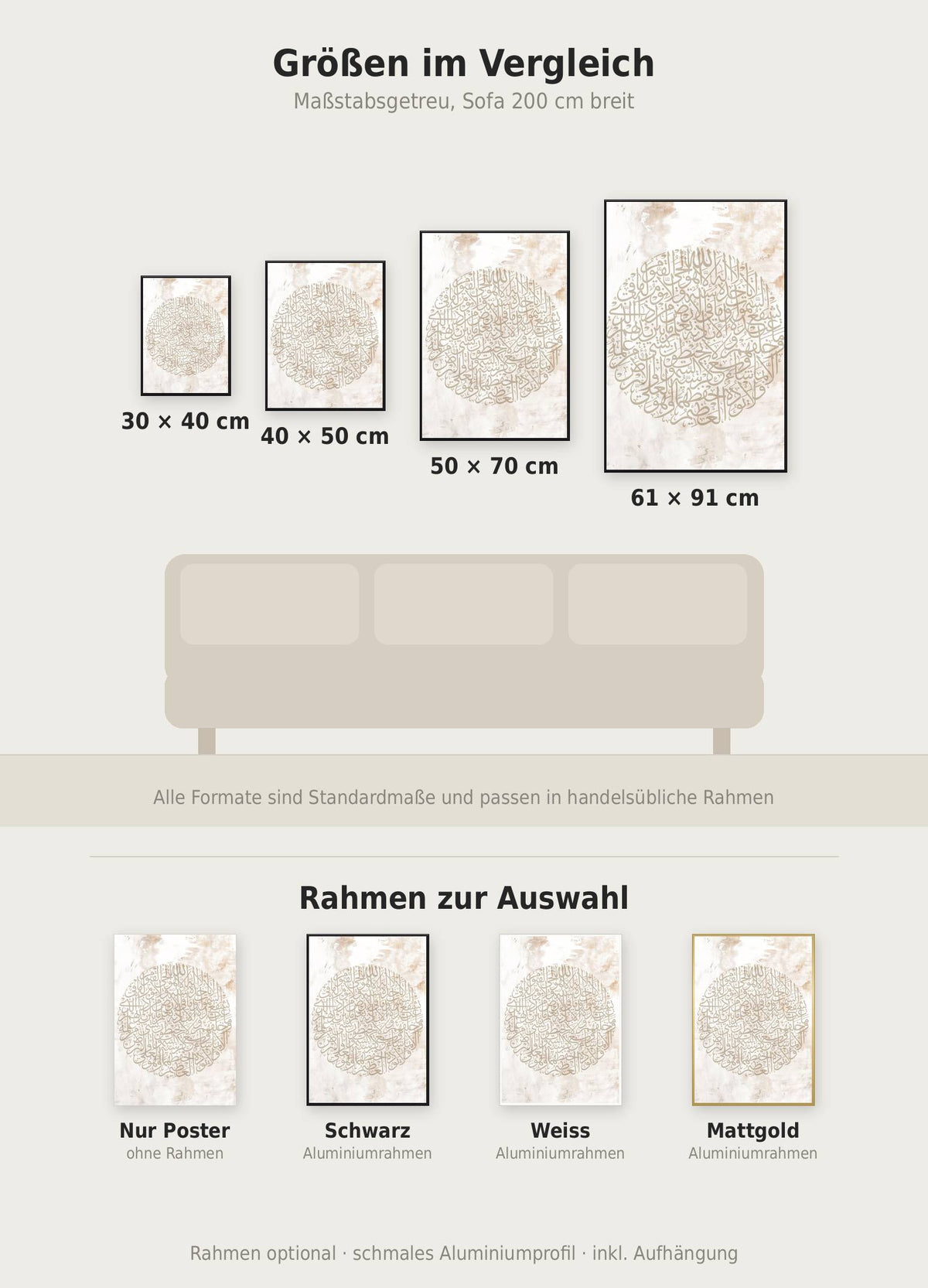 Ayetel Kürsi Poster im Größenvergleich von 30x40 bis 61x91 cm über einem Sofa, dazu die Rahmenfarben