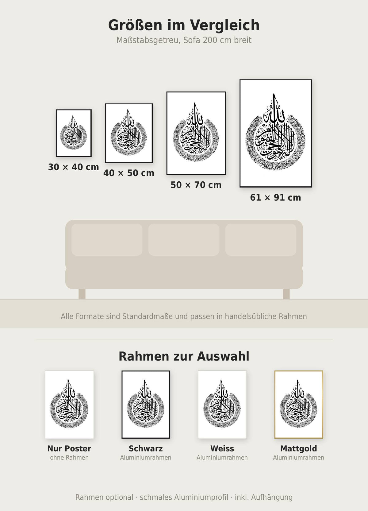Ayetel Kürsi Poster im Größenvergleich von 30x40 bis 61x91 cm über einem Sofa, dazu die Rahmenfarben