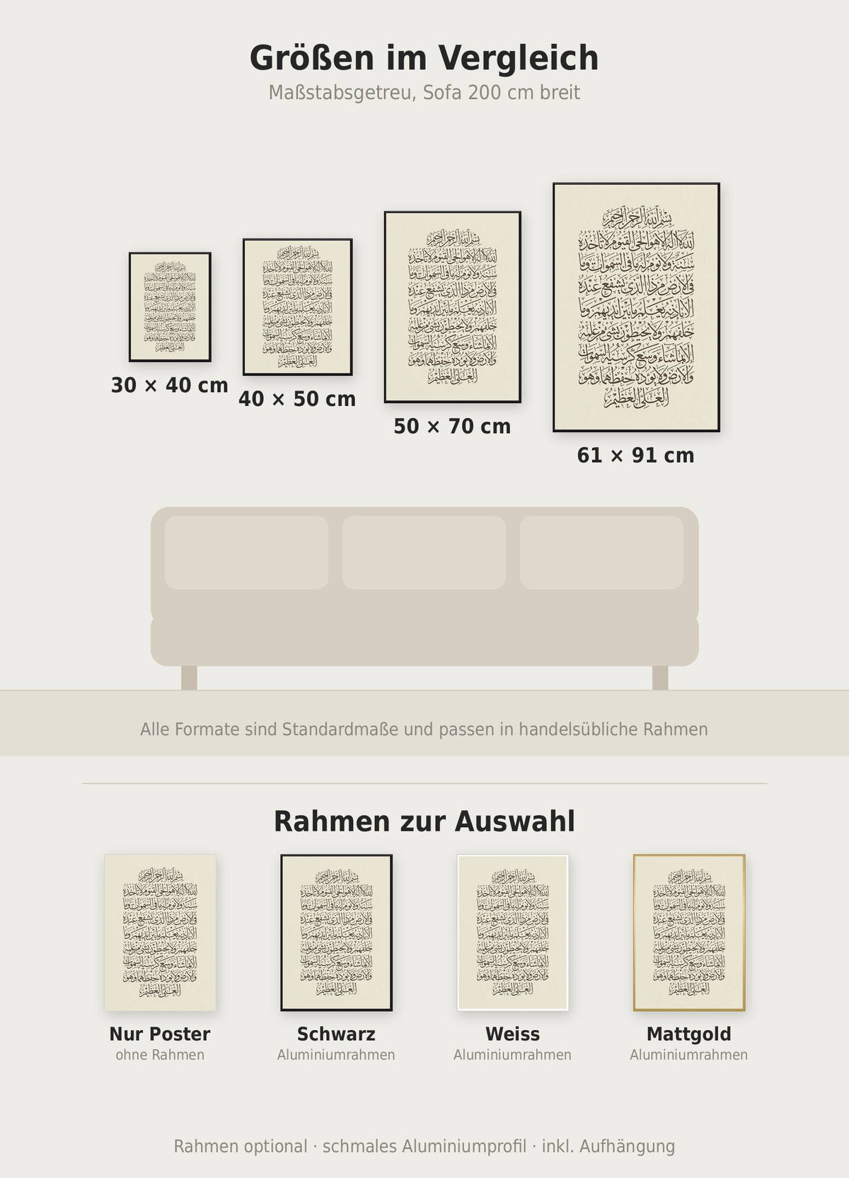 Ayetel Kürsi Poster im Größenvergleich von 30x40 bis 61x91 cm über einem Sofa, dazu die Rahmenfarben