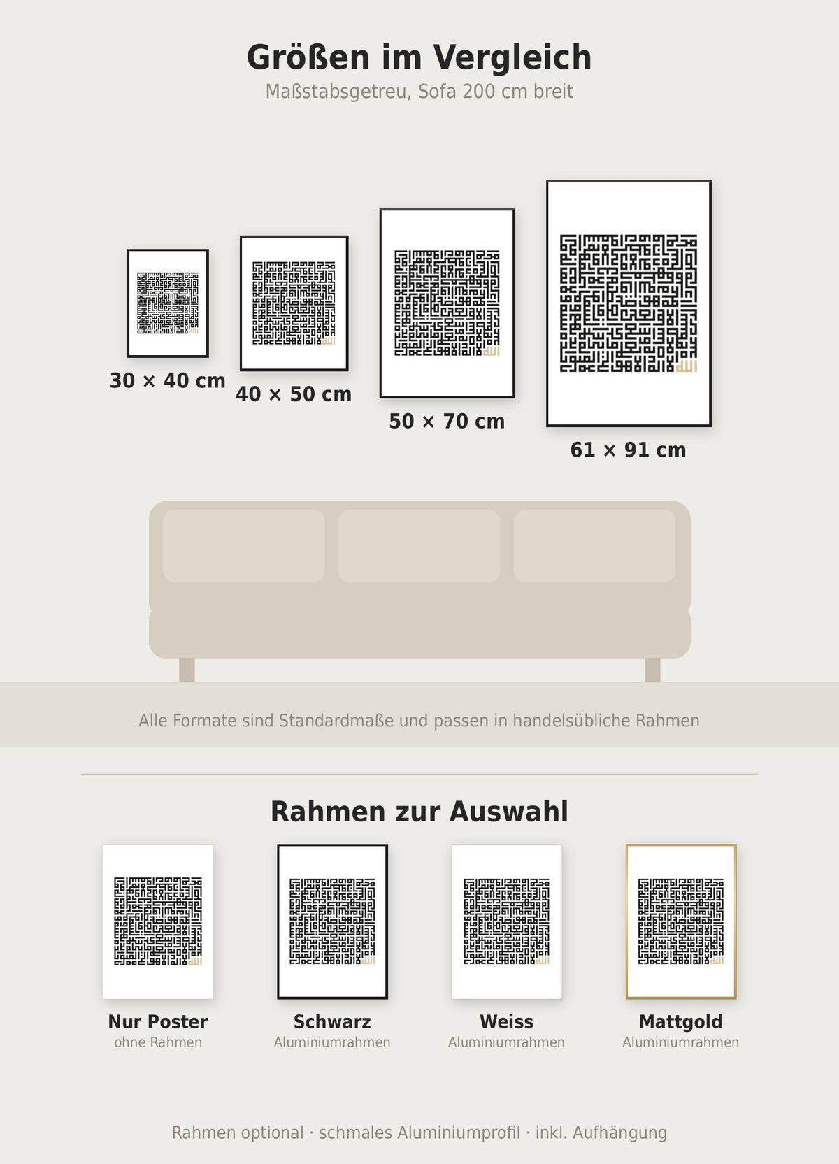 Ayetel Kürsi Poster im Größenvergleich von 30x40 bis 61x91 cm über einem Sofa, dazu die Rahmenfarben