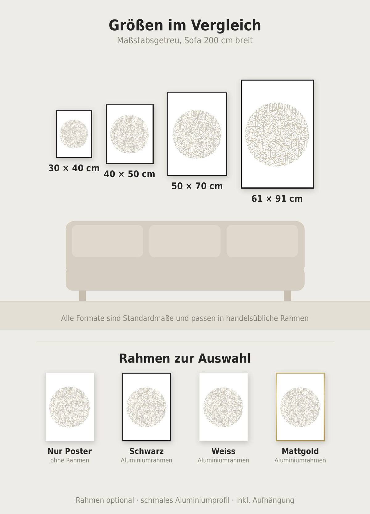 Ayetel Kürsi Poster im Größenvergleich von 30x40 bis 61x91 cm über einem Sofa, dazu die Rahmenfarben