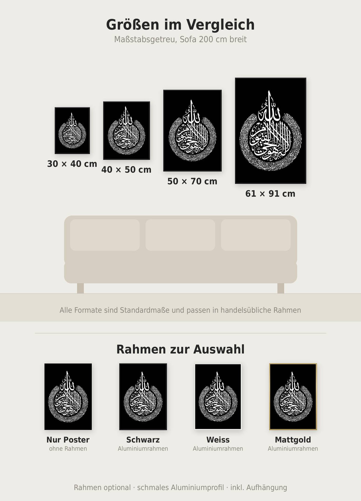 Ayetel Kürsi Poster im Größenvergleich von 30x40 bis 61x91 cm über einem Sofa, dazu die Rahmenfarben