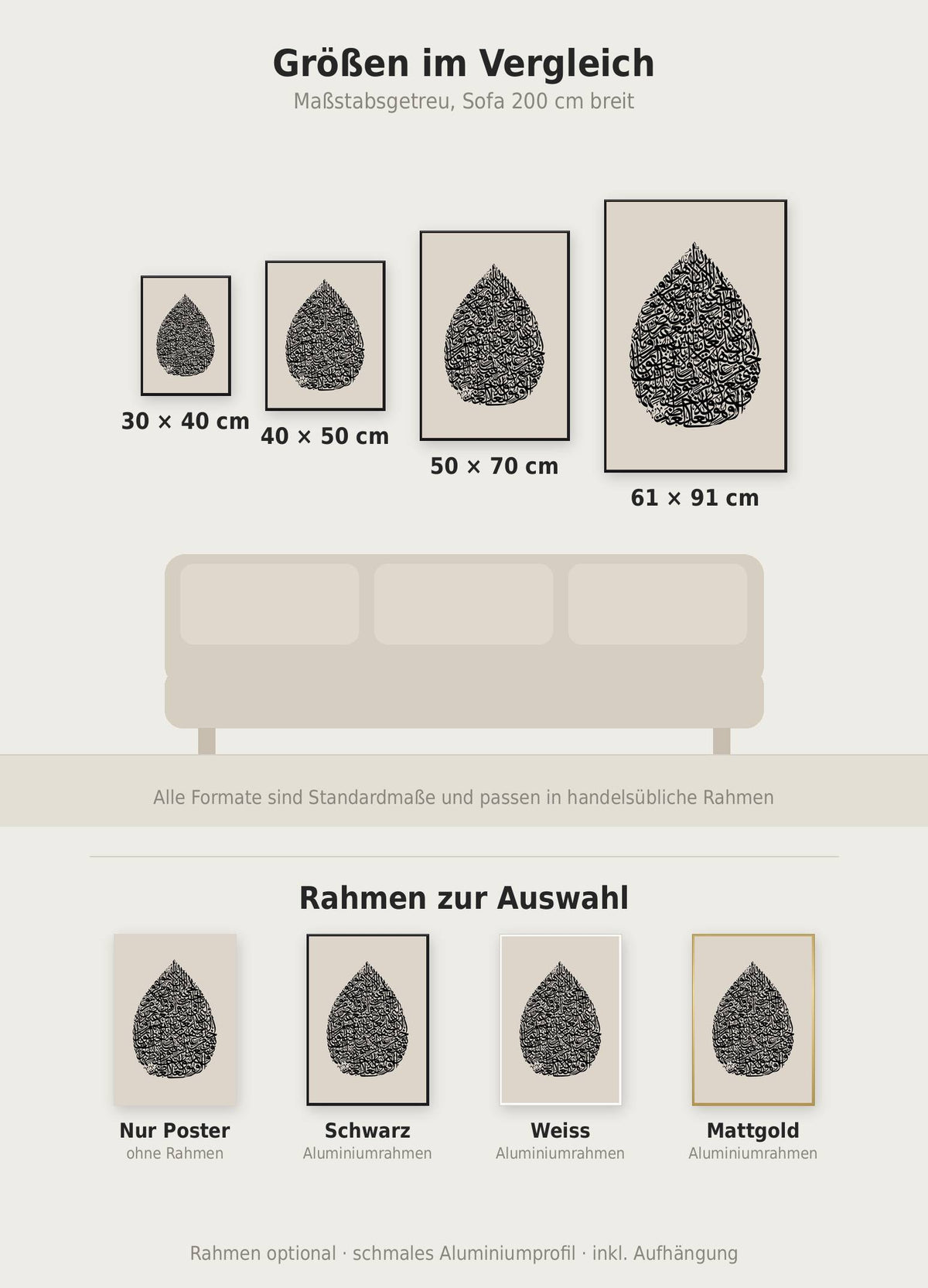 Ayetel Kürsi Poster im Größenvergleich von 30x40 bis 61x91 cm über einem Sofa, dazu die Rahmenfarben
