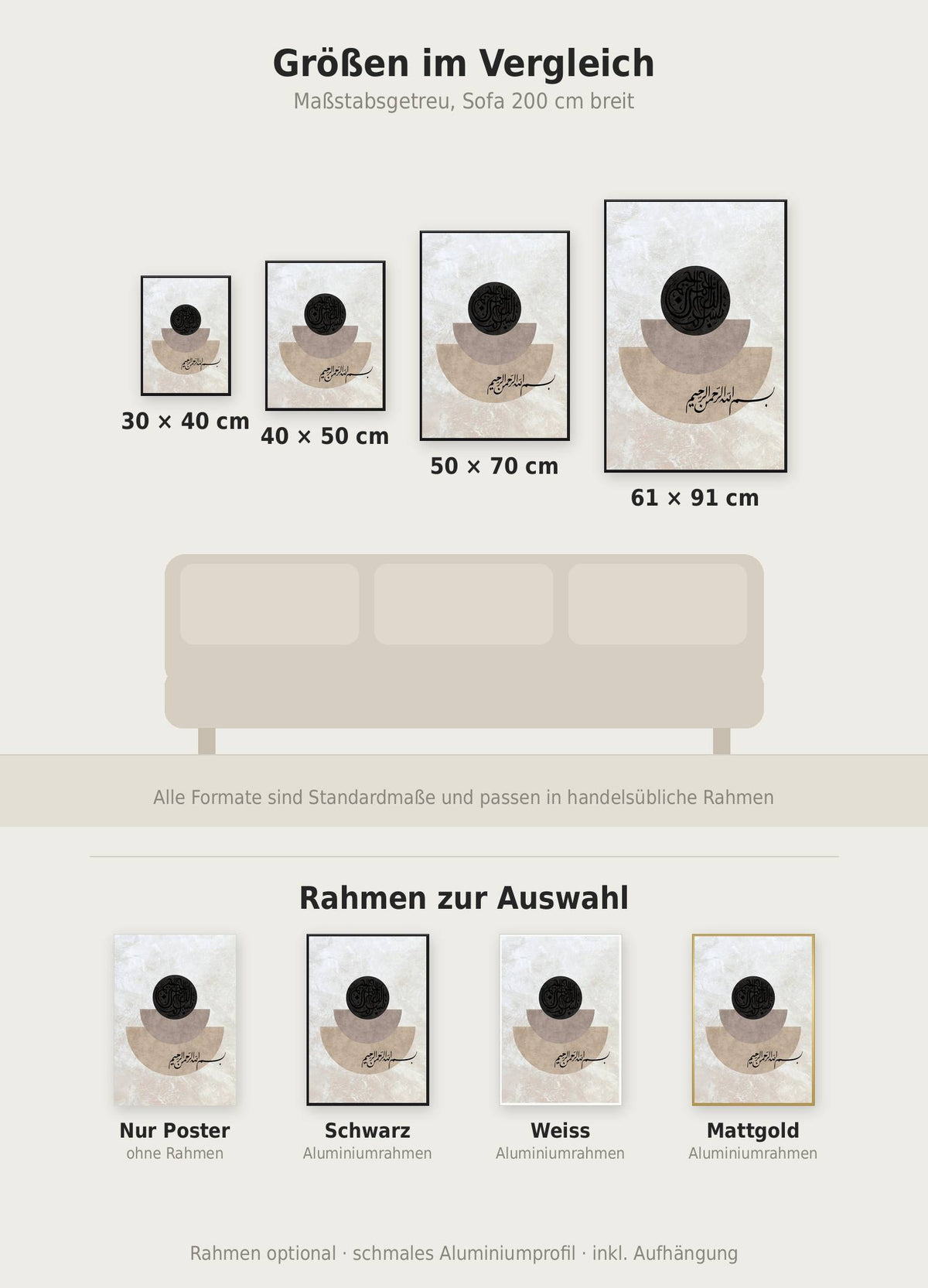 Basmala Poster im Größenvergleich von 30x40 bis 61x91 cm über einem Sofa, dazu die Rahmenfarben
