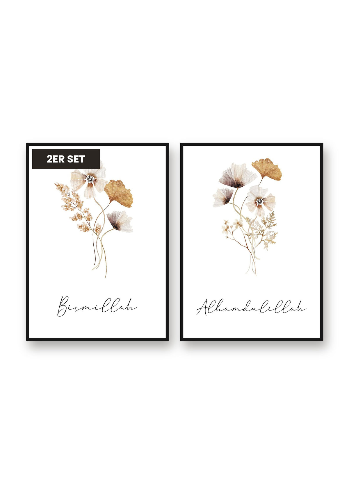 Bismillah & Alhamdulillah Flower Set: Bismillah Flower, Alhamdulillah Flower als 2er Poster-Set im schwarzen Aluminiumrahmen