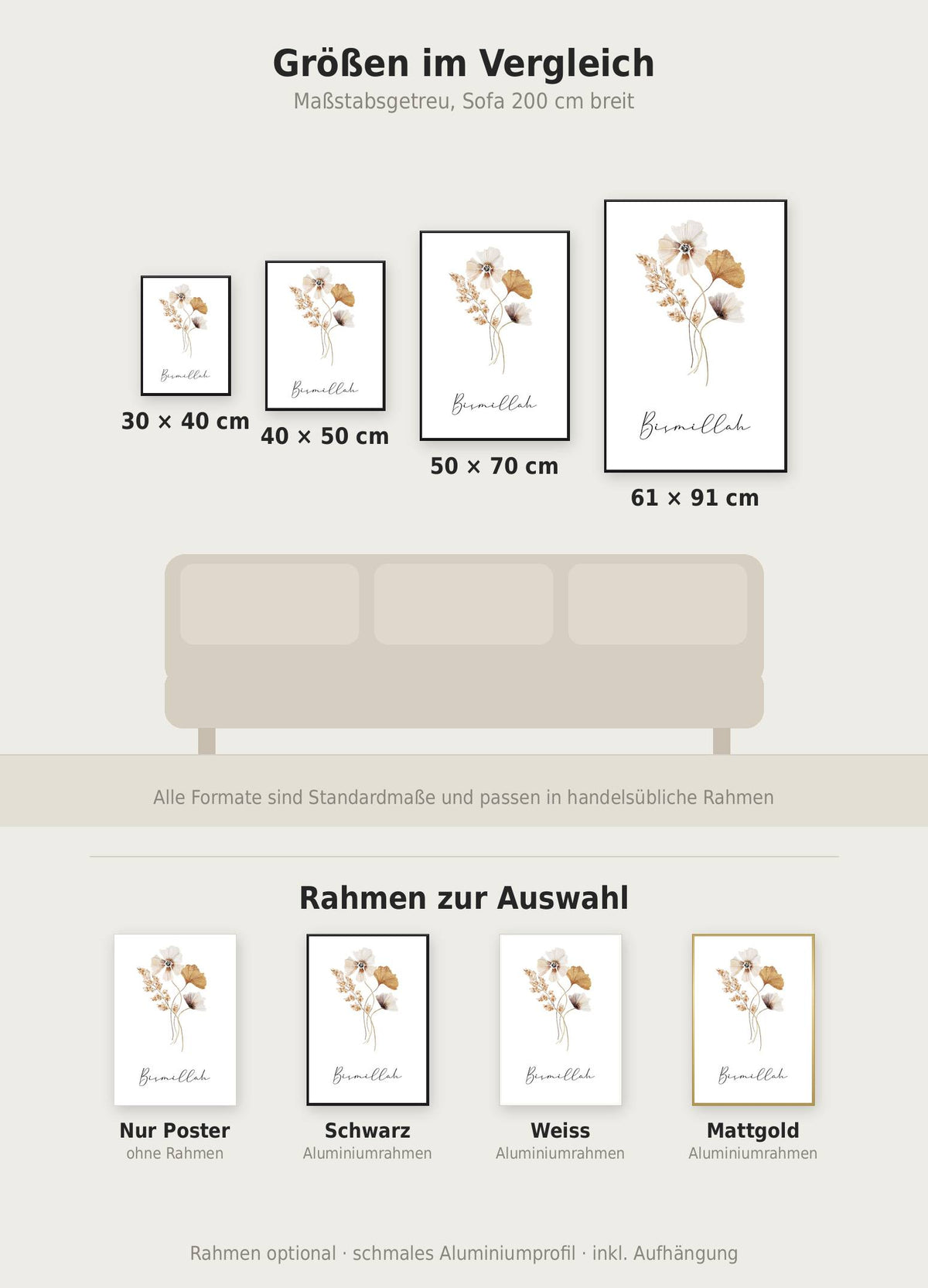 Bismillah Flower Poster im Größenvergleich von 30x40 bis 61x91 cm über einem Sofa, dazu die Rahmenfarben