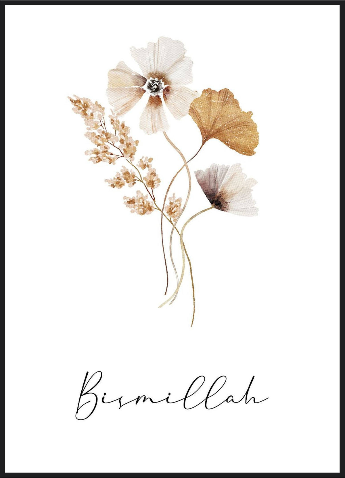 Bismillah Flower Poster – Aquarellblumen in Beige und Gold mit Schriftzug Bismillah
