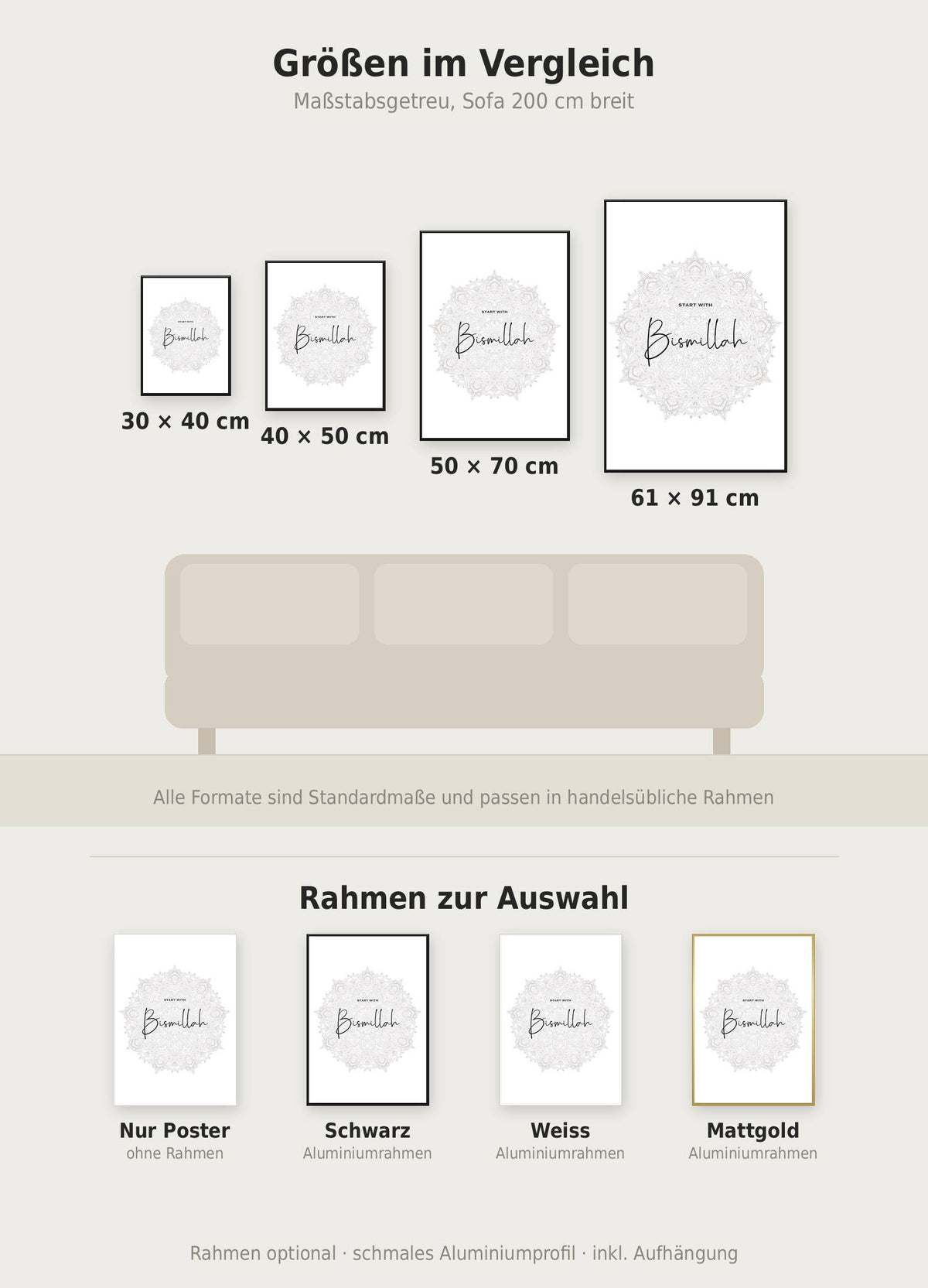 Bismillah Poster im Größenvergleich von 30x40 bis 61x91 cm über einem Sofa, dazu die Rahmenfarben