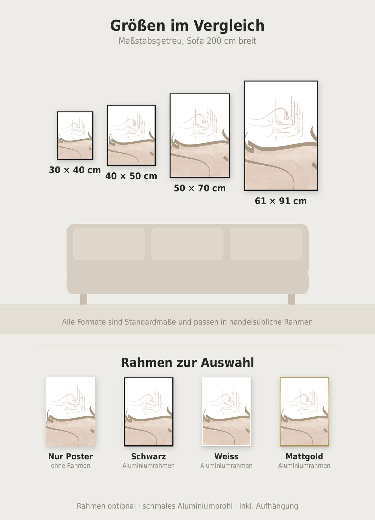 Bismillah Kalligrafie Poster im Größenvergleich von 30x40 bis 61x91 cm über einem Sofa, dazu die Rahmenfarben