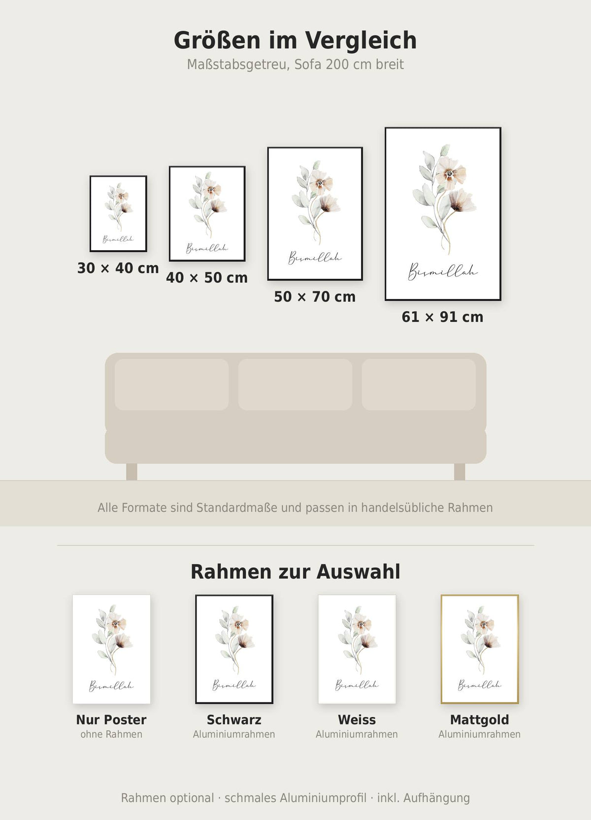Bismillah Soft Poster im Größenvergleich von 30x40 bis 61x91 cm über einem Sofa, dazu die Rahmenfarben