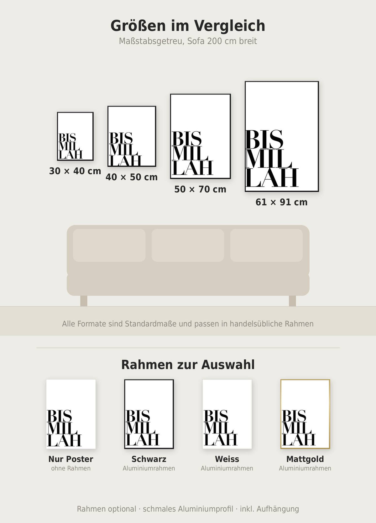 Bismillah Typo Poster im Größenvergleich von 30x40 bis 61x91 cm über einem Sofa, dazu die Rahmenfarben
