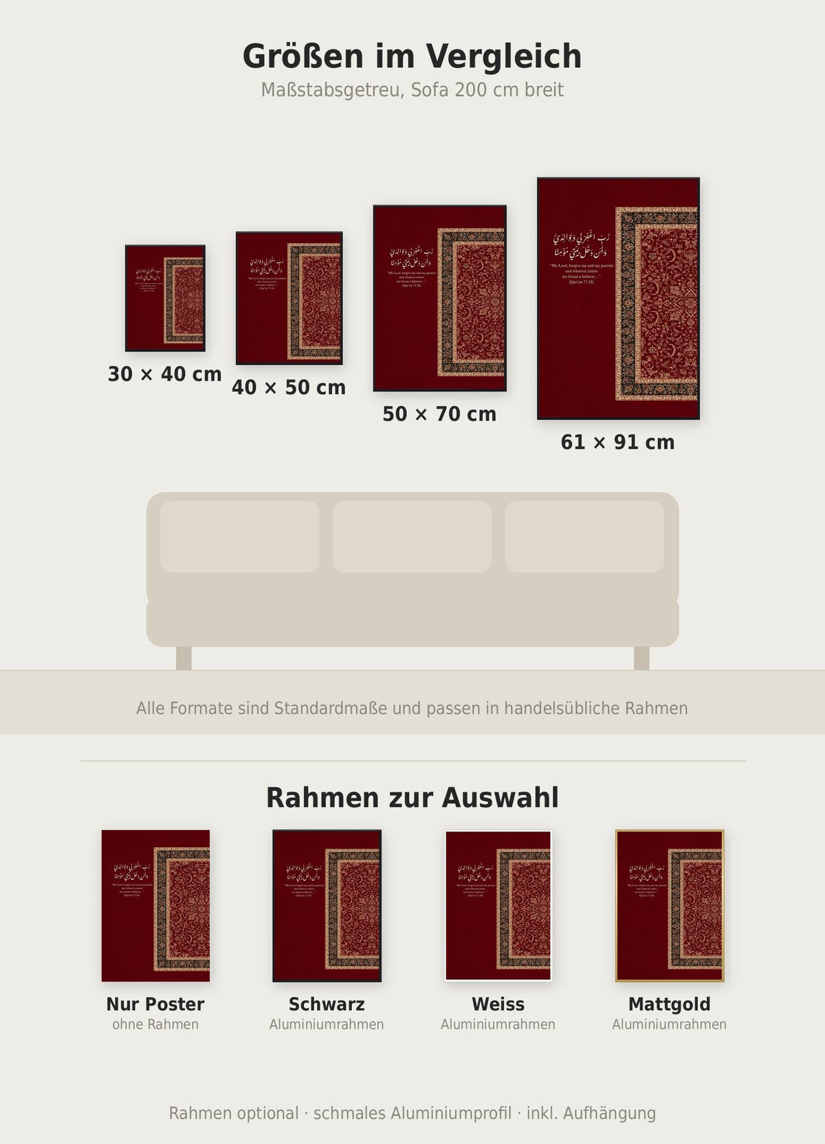 Bless Home Poster im Größenvergleich von 30x40 bis 61x91 cm über einem Sofa, dazu die Rahmenfarben