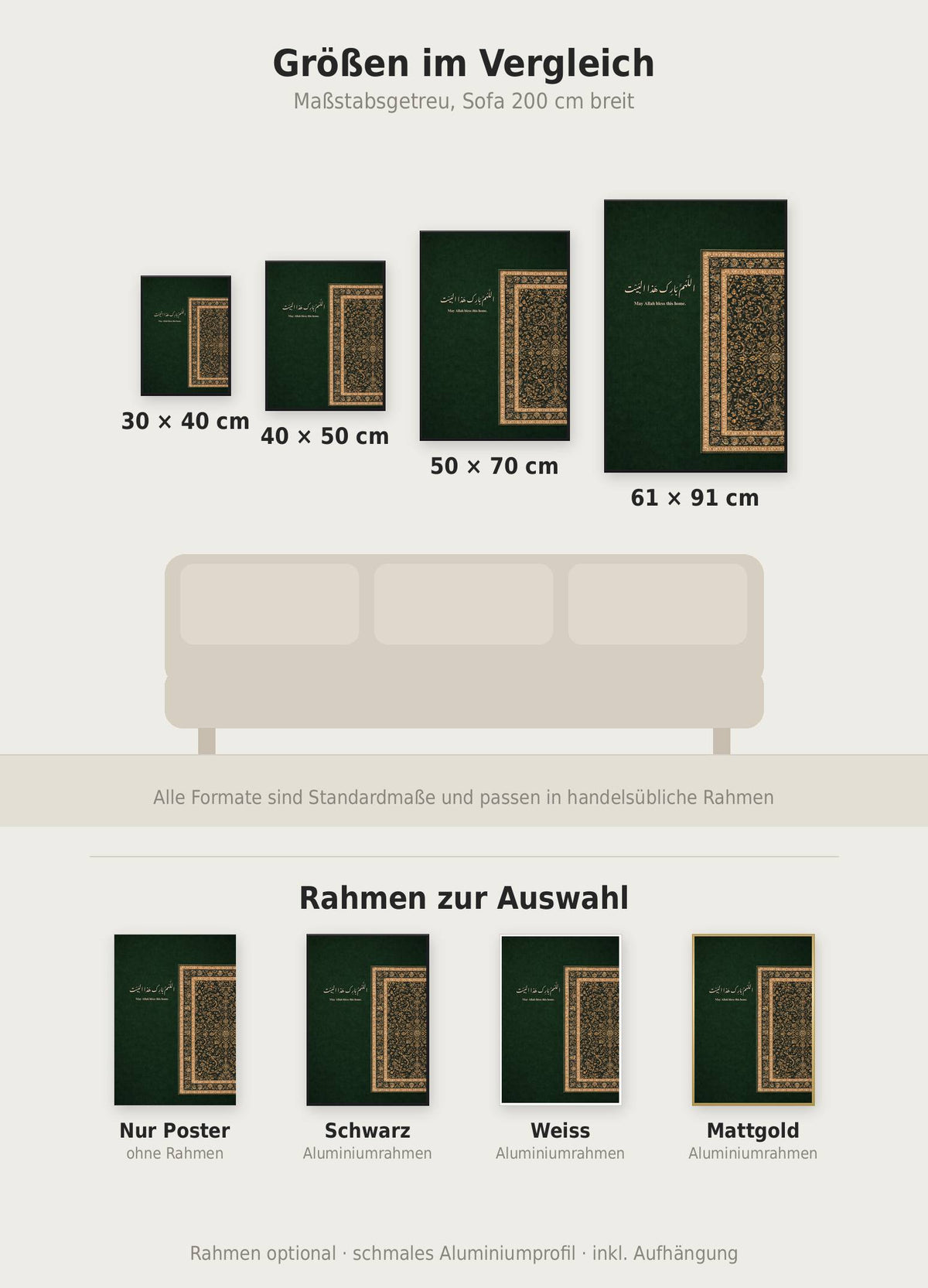 Bless Home No2 Poster im Größenvergleich von 30x40 bis 61x91 cm über einem Sofa, dazu die Rahmenfarben