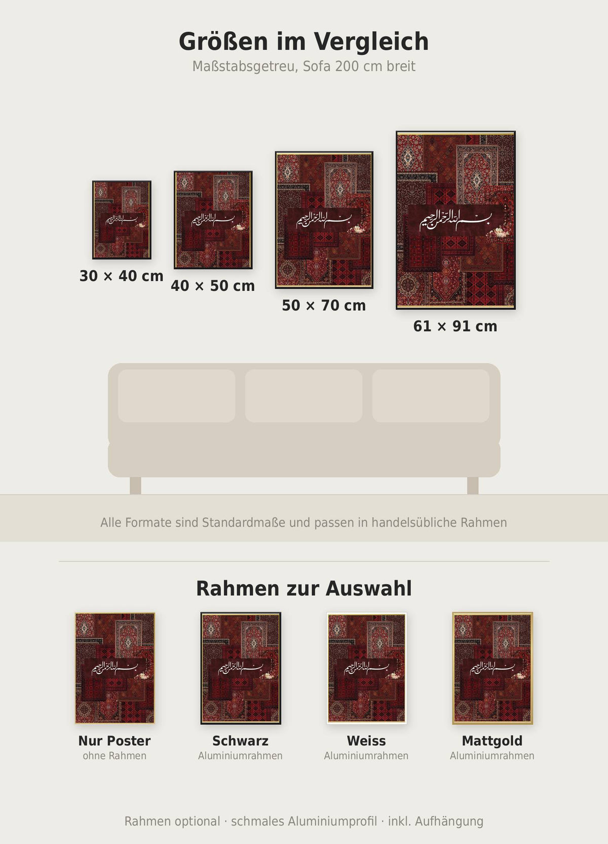 Carpet Bismillah No2 Poster im Größenvergleich von 30x40 bis 61x91 cm über einem Sofa, dazu die Rahmenfarben