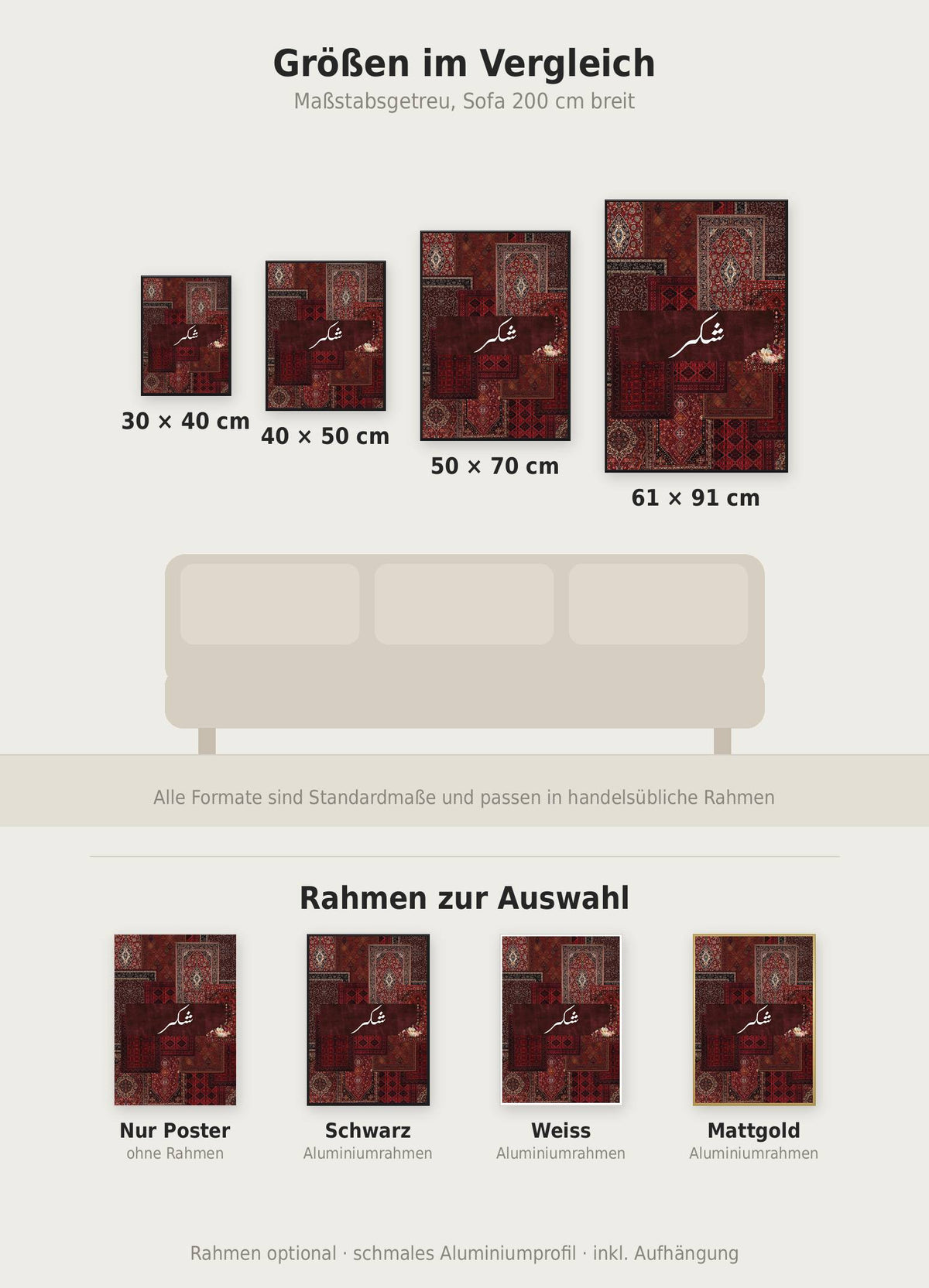 Carpet Shukr No2 Poster im Größenvergleich von 30x40 bis 61x91 cm über einem Sofa, dazu die Rahmenfarben