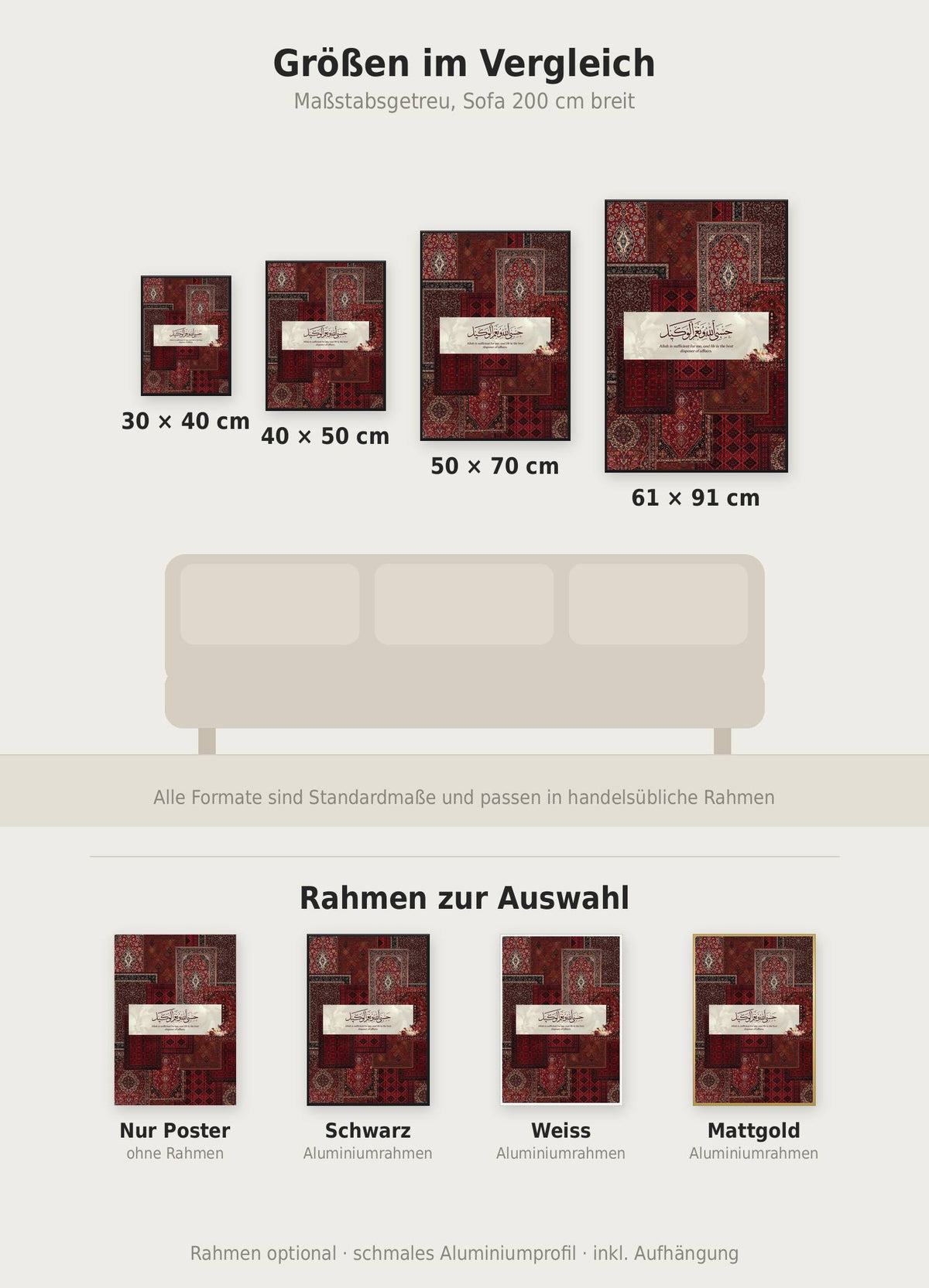 Carpet Sufficient Poster im Größenvergleich von 30x40 bis 61x91 cm über einem Sofa, dazu die Rahmenfarben