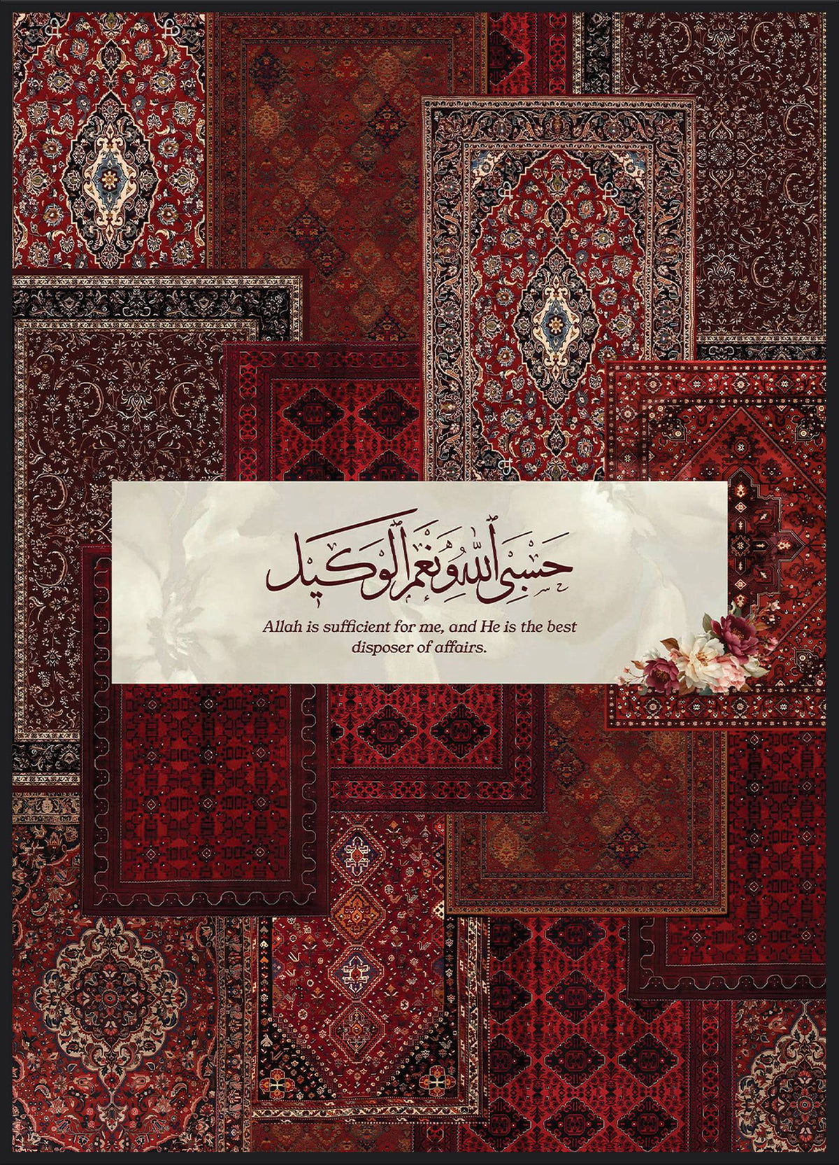 Carpet Sufficient Poster – arabische Kalligrafie auf hellem Band über orientalischem Teppichmuster in Rot