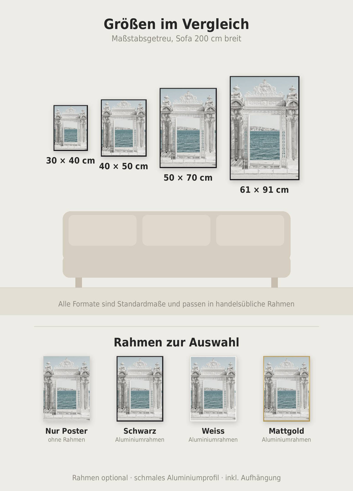 Dolmabahçe Palast Poster im Größenvergleich von 30x40 bis 61x91 cm über einem Sofa, dazu die Rahmenfarben